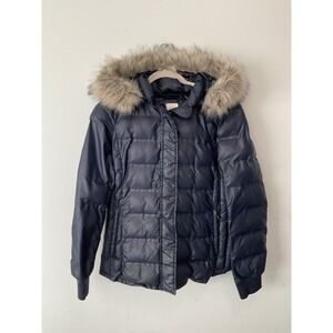 Gap Coldcontrol Lite Metallic Ski Puffer Jacket Womens S Blue Fur Lined Hoodie